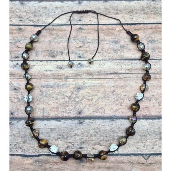 NWOT Tiger's Eye Shamballa & Faceted Crystal Boho Cord Necklace One Size Unisex - Picture 8 of 10